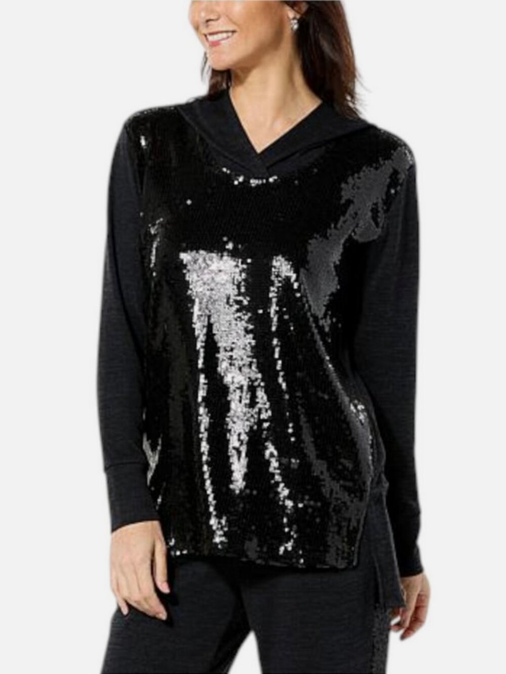 Colleen Lopez Women's Mixed Media Sequin Front Hoodie Black Size XS